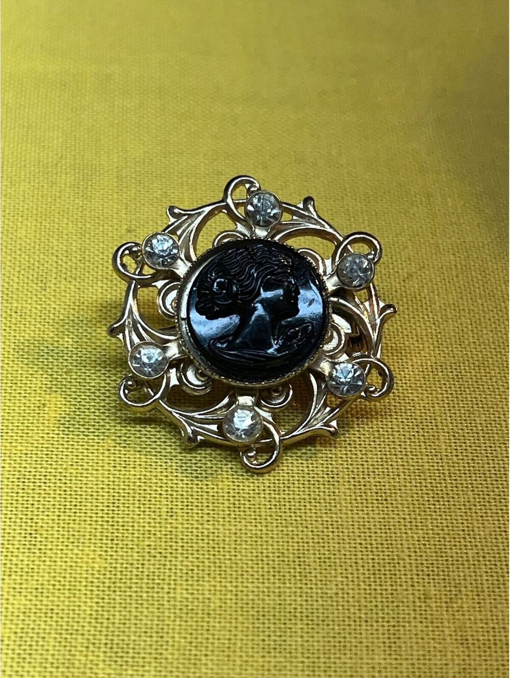 #13 Vintage Black Cameo Mourning Brooch Gold Tone Filigree